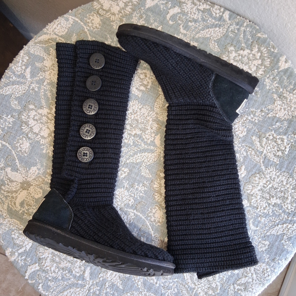 UGG Australia Black Cardy Tall Knit Fold-Over Boots Sz 8 Cozy Cozy Classic - Picture 2 of 10